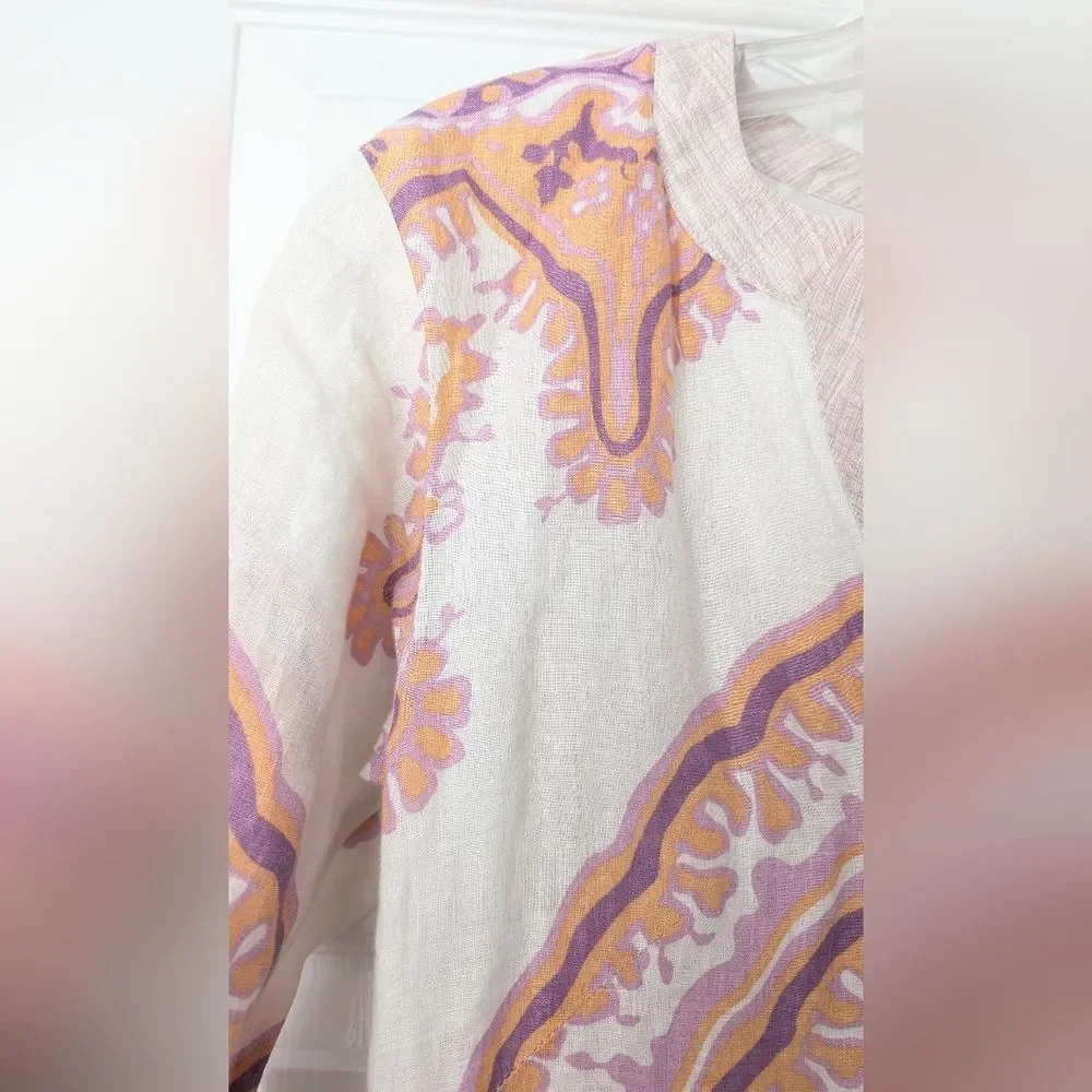 J. Crew Bazaar Linen Dress Sz 0 Sleeves Boho Shift Purple Cream Midi Dress Tunic